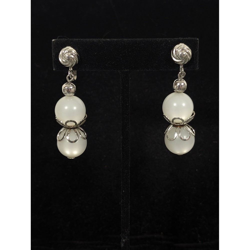 Vintage Moonglow Lucite Dangle Earrings White Screwback Silver Tone